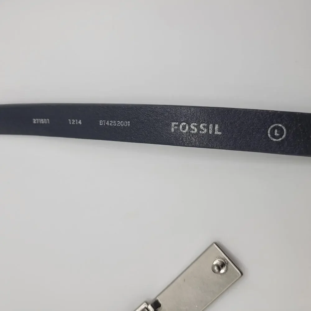 Fossil Belt Mens Large Black Leather Plaque Silver Buckle Skinny Casual Dress 90